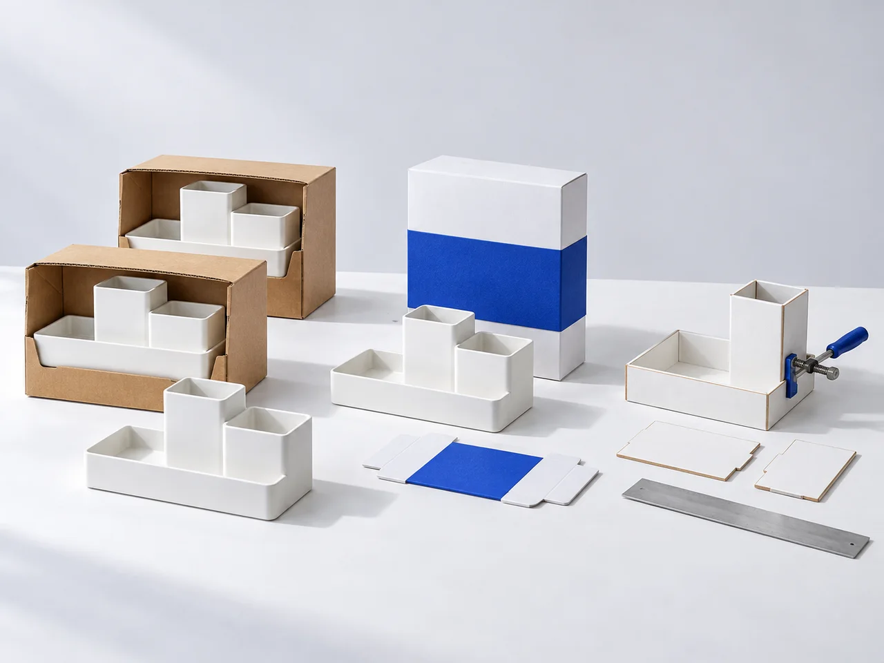 Ready-made organizers, custom packaging and a partly assembled prototype illustrate three selling models.