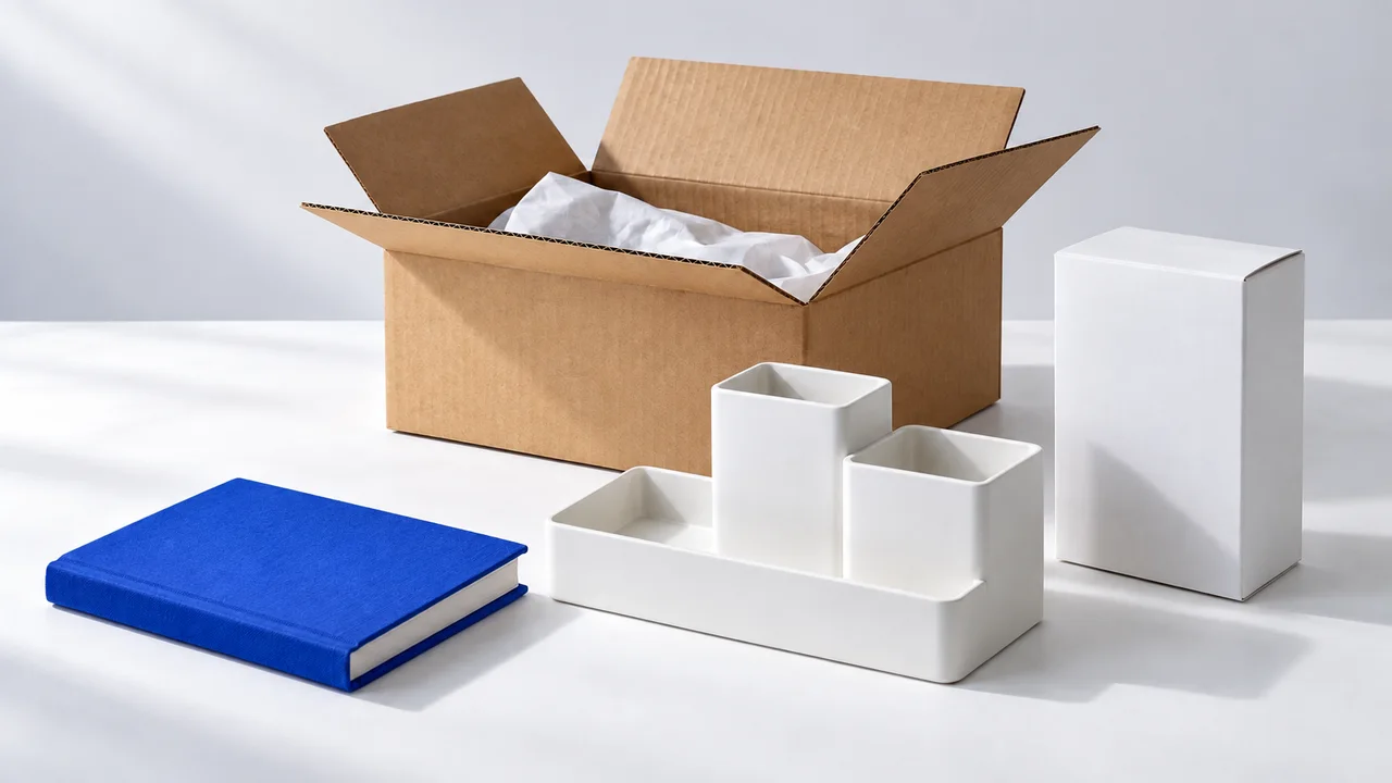 A white desktop organizer, packaging and a blue notebook.