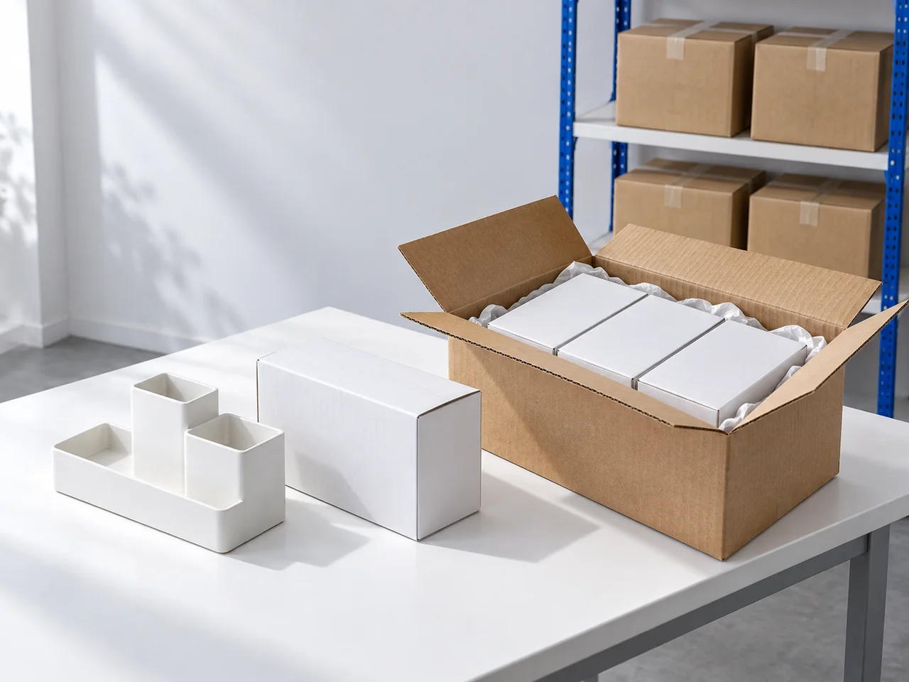 An organizer, retail packaging and a shipping carton in front of a storage rack.