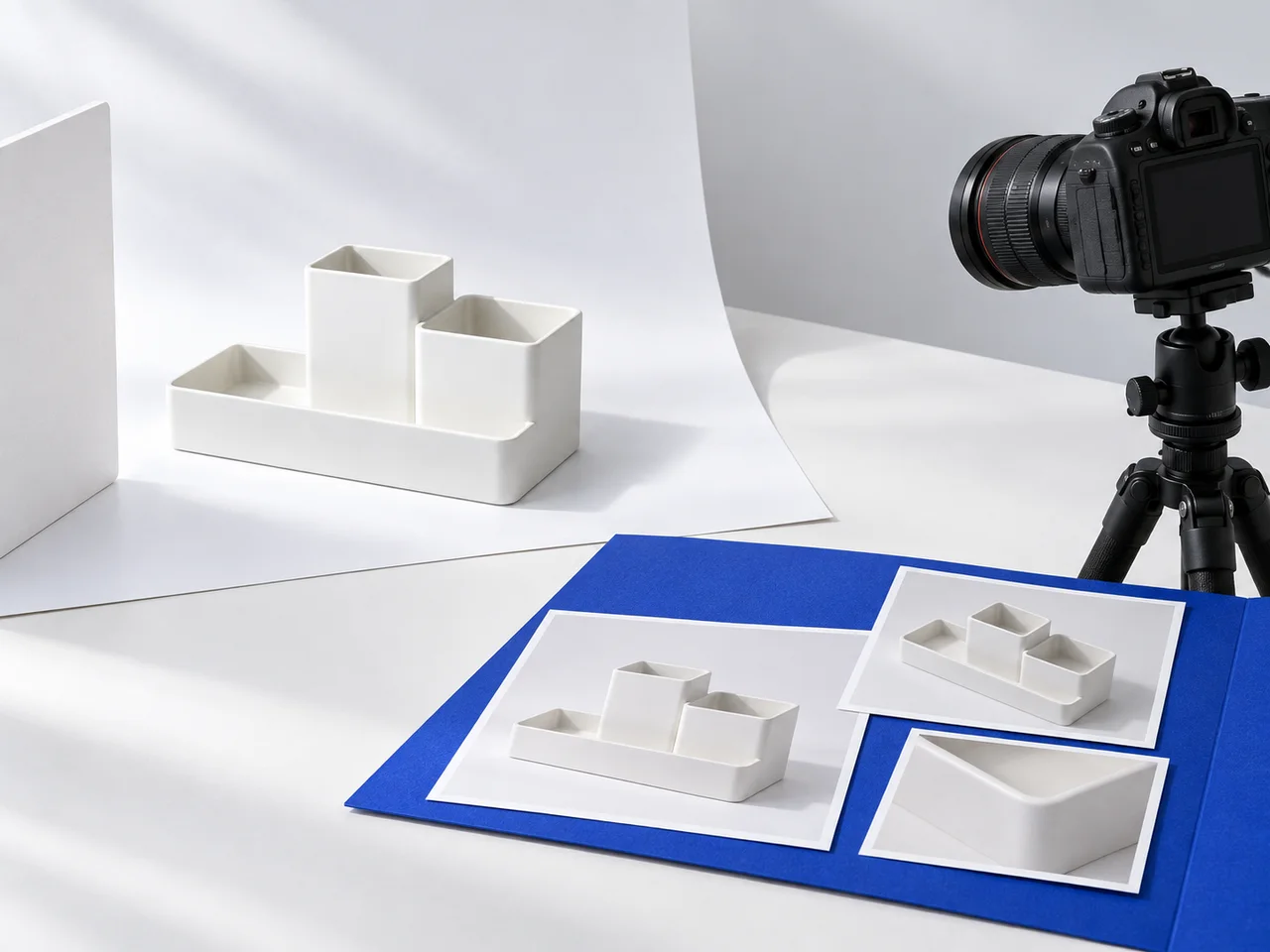 An organizer on a photography backdrop, with a camera and three printed product photographs.