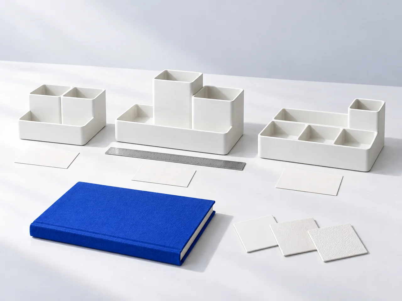 Three different organizer designs with comparison cards, a ruler and material samples.