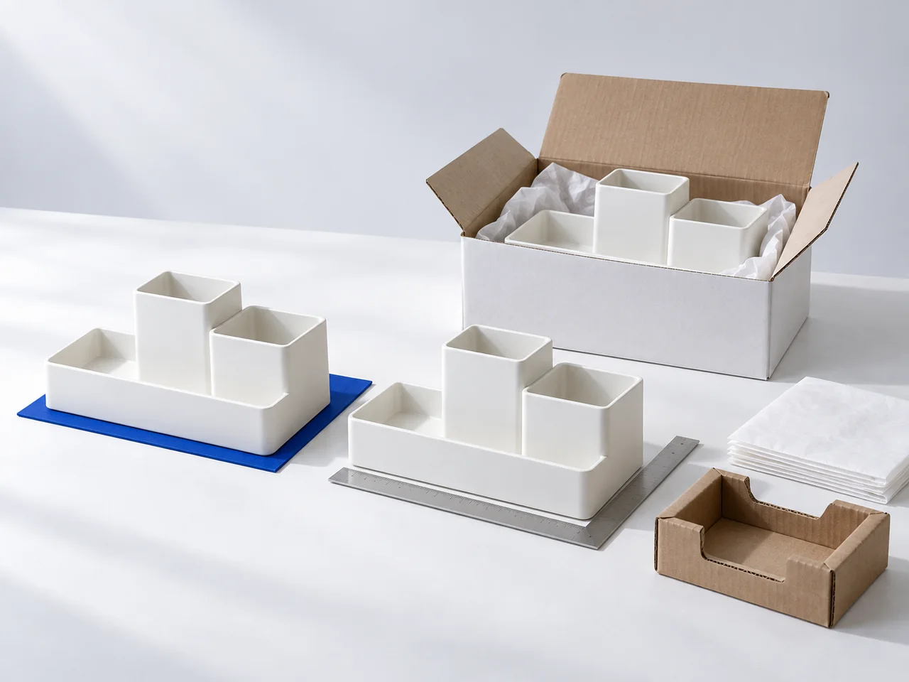 Matching white organizers being compared against a reference sample, with a measuring square and protective packaging.