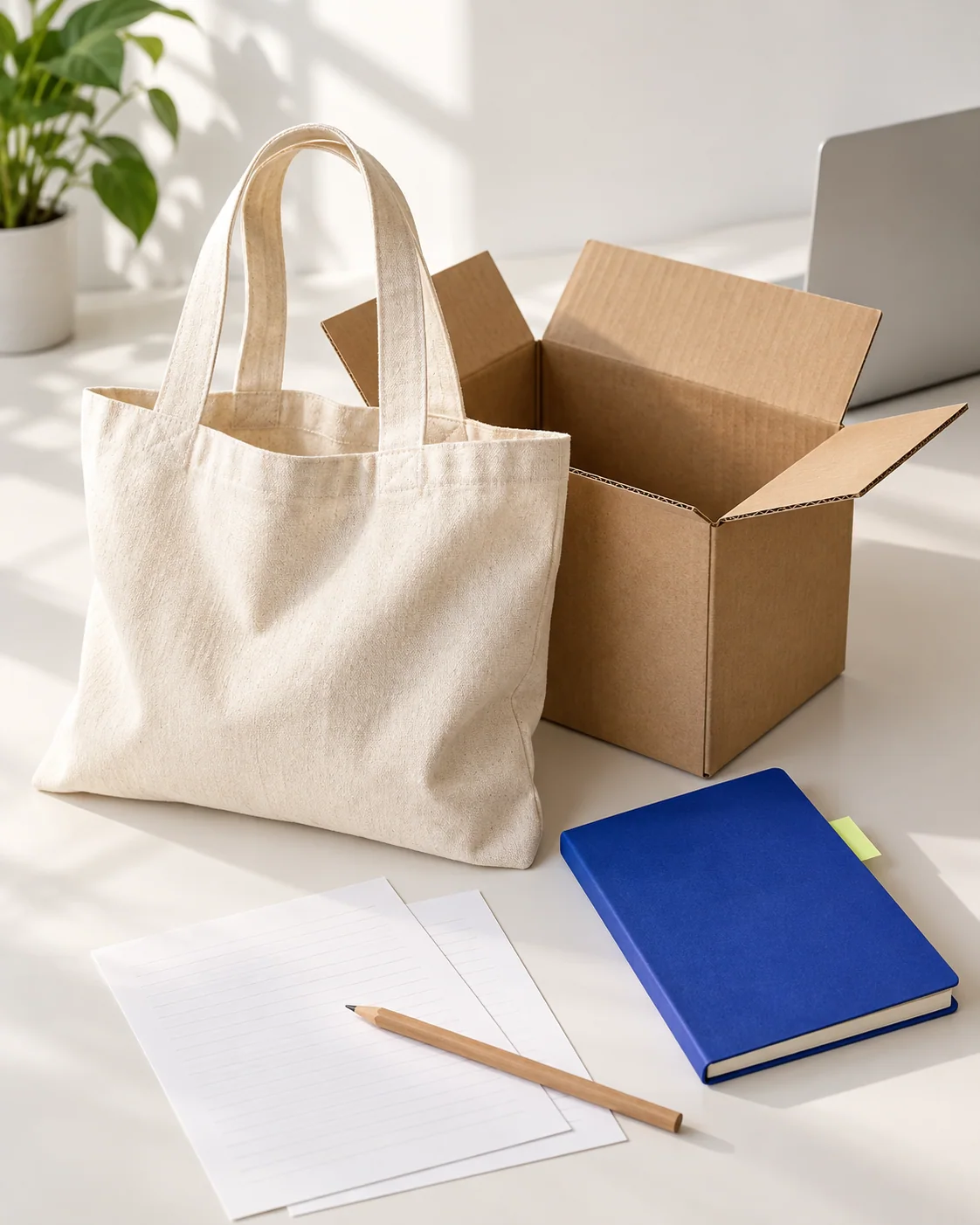 Cotton tote bag, shipping box and import planning materials on a desk.