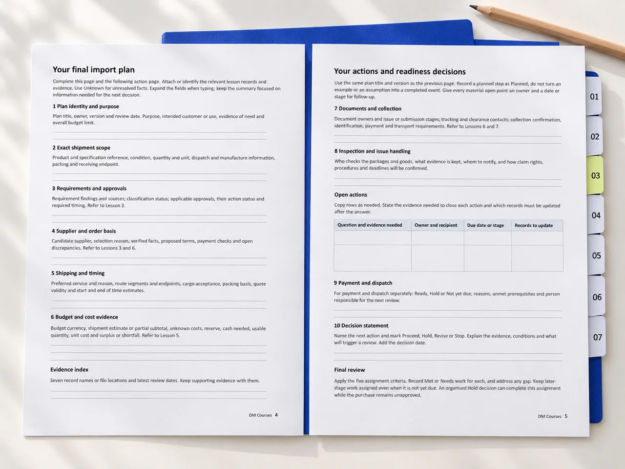 Two-page import plan with supporting worksheets from the course. Open the full-size preview.
