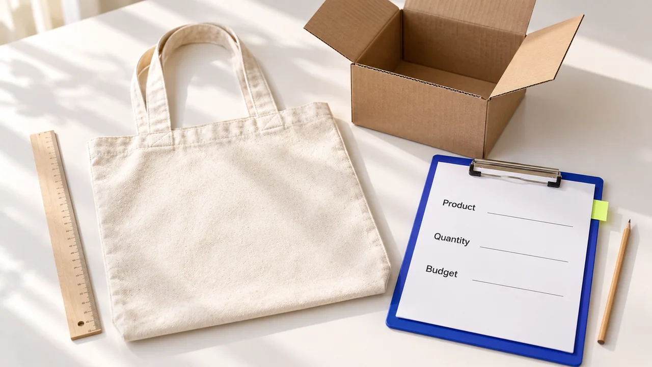 Cotton tote bag beside a product brief and a small shipping box.