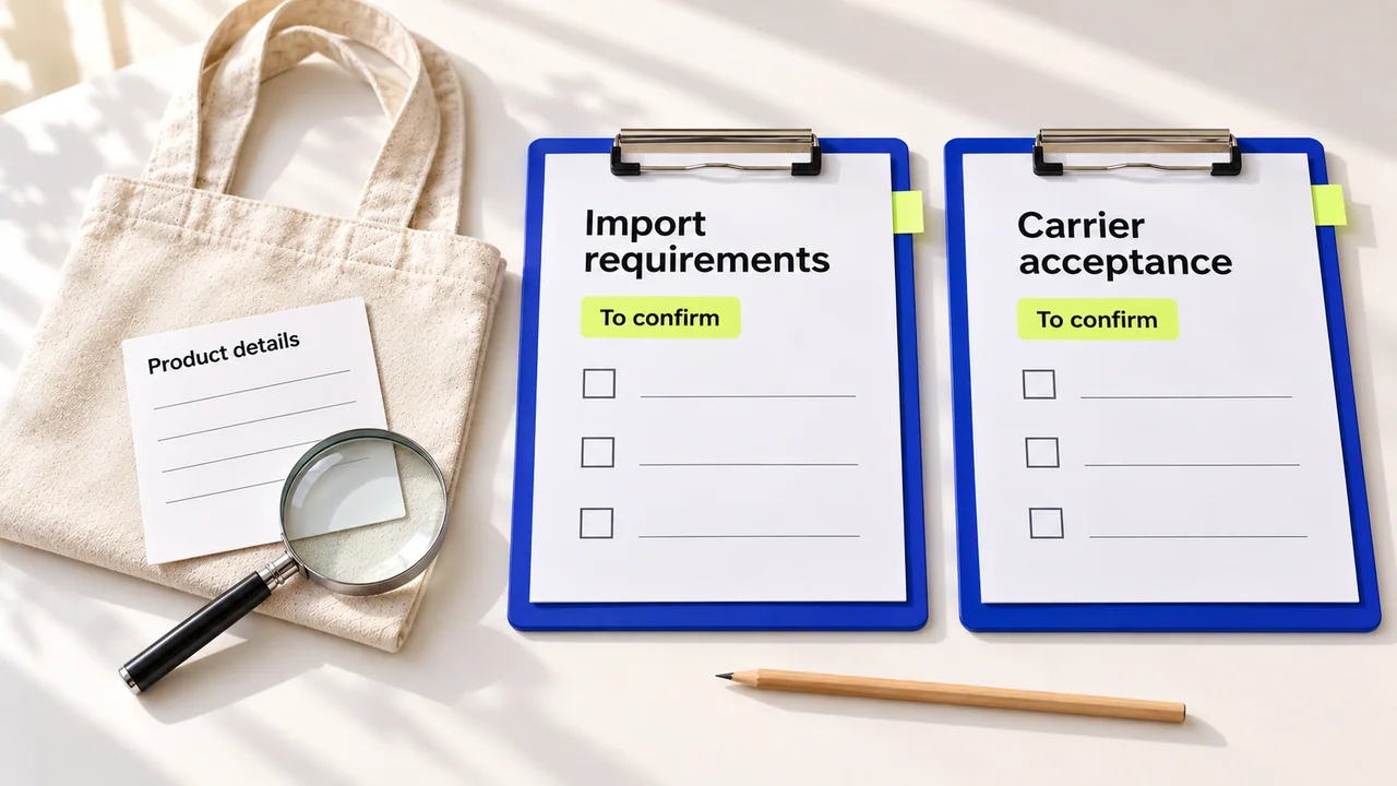 Product details with separate import requirement and carrier acceptance checks.
