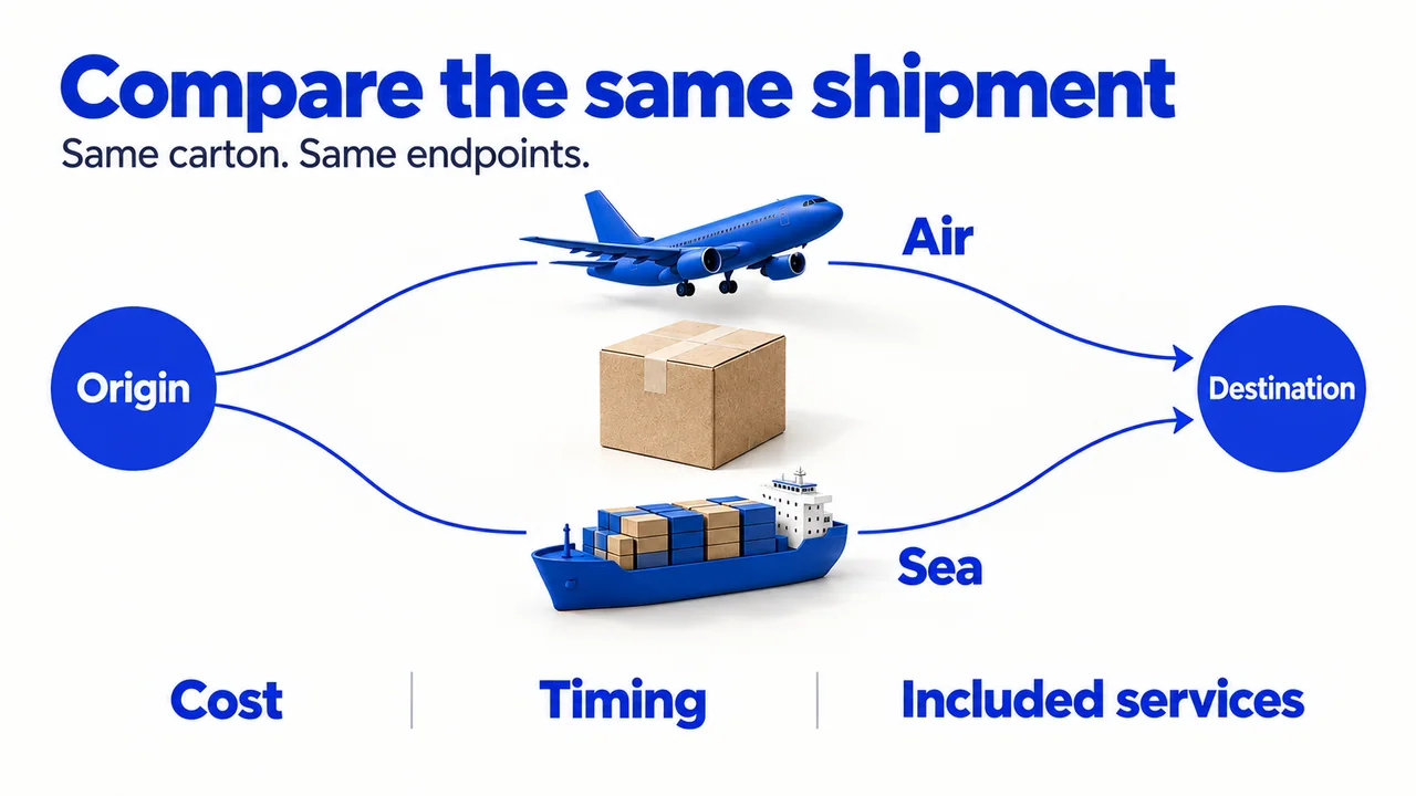 Air and sea shipping options compared for the same carton and endpoints.