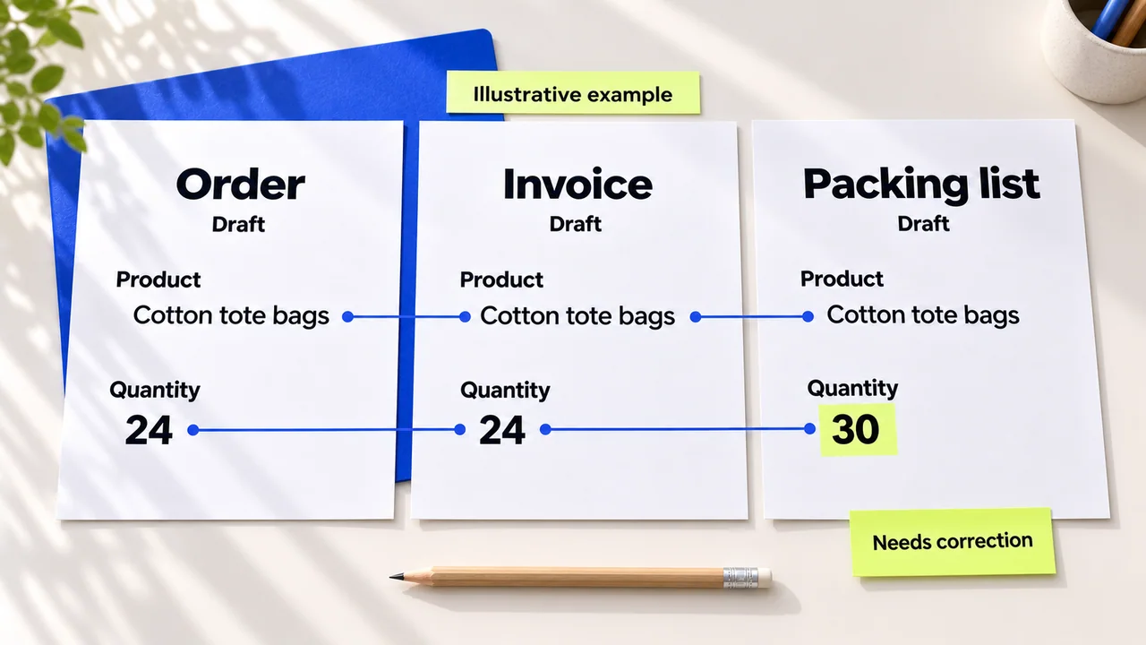 Order, invoice and packing list with a quantity discrepancy to resolve.