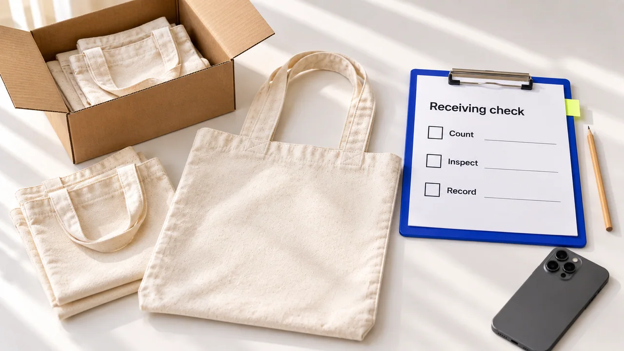Cotton tote bags, an open carton, a receiving checklist and a phone for recording condition.