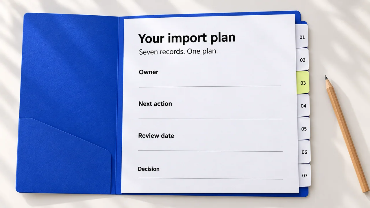 One import plan with owner, next action, review date and decision fields, supported by seven numbered records.