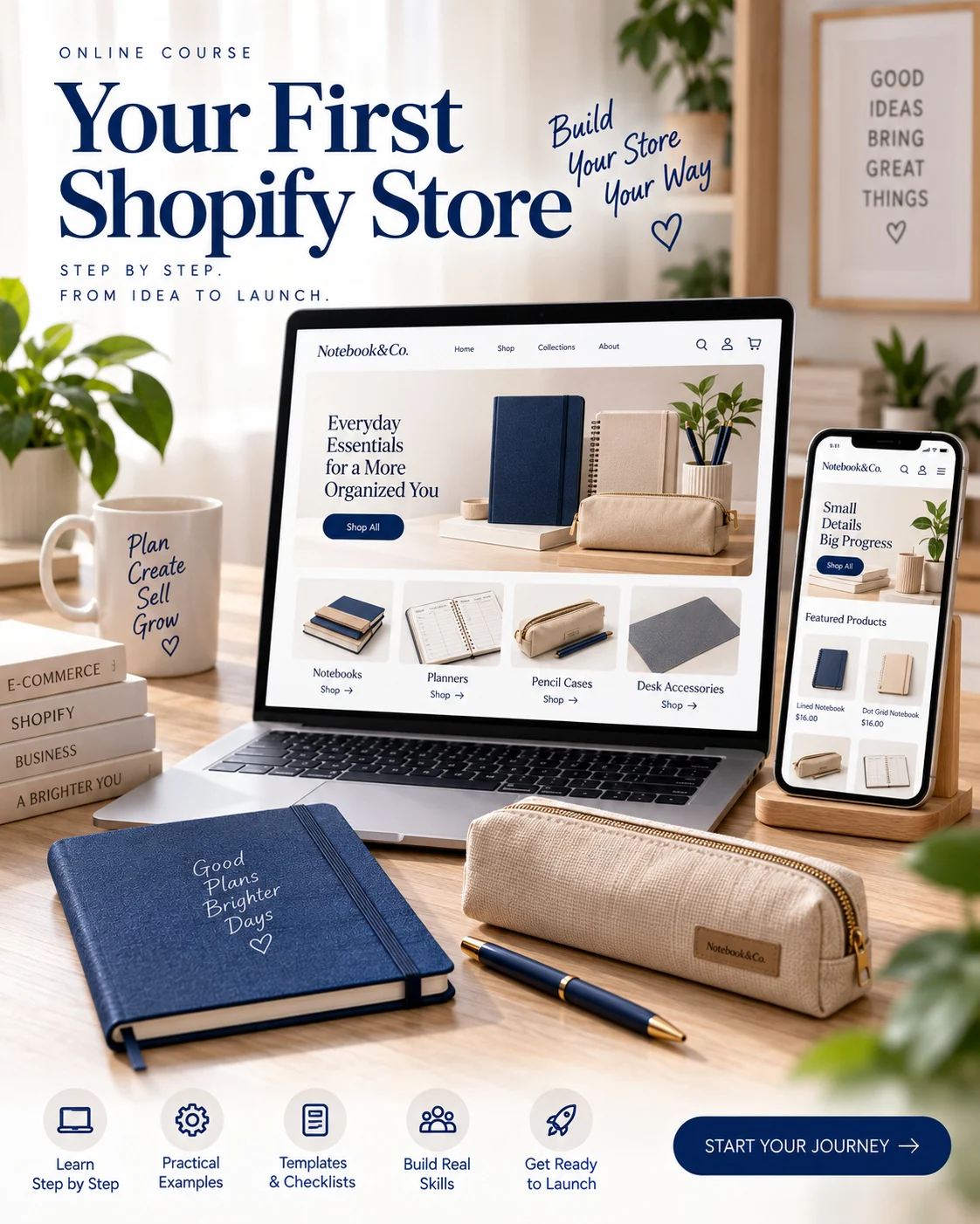 Laptop and phone displaying a conceptual online stationery store beside a launch checklist.