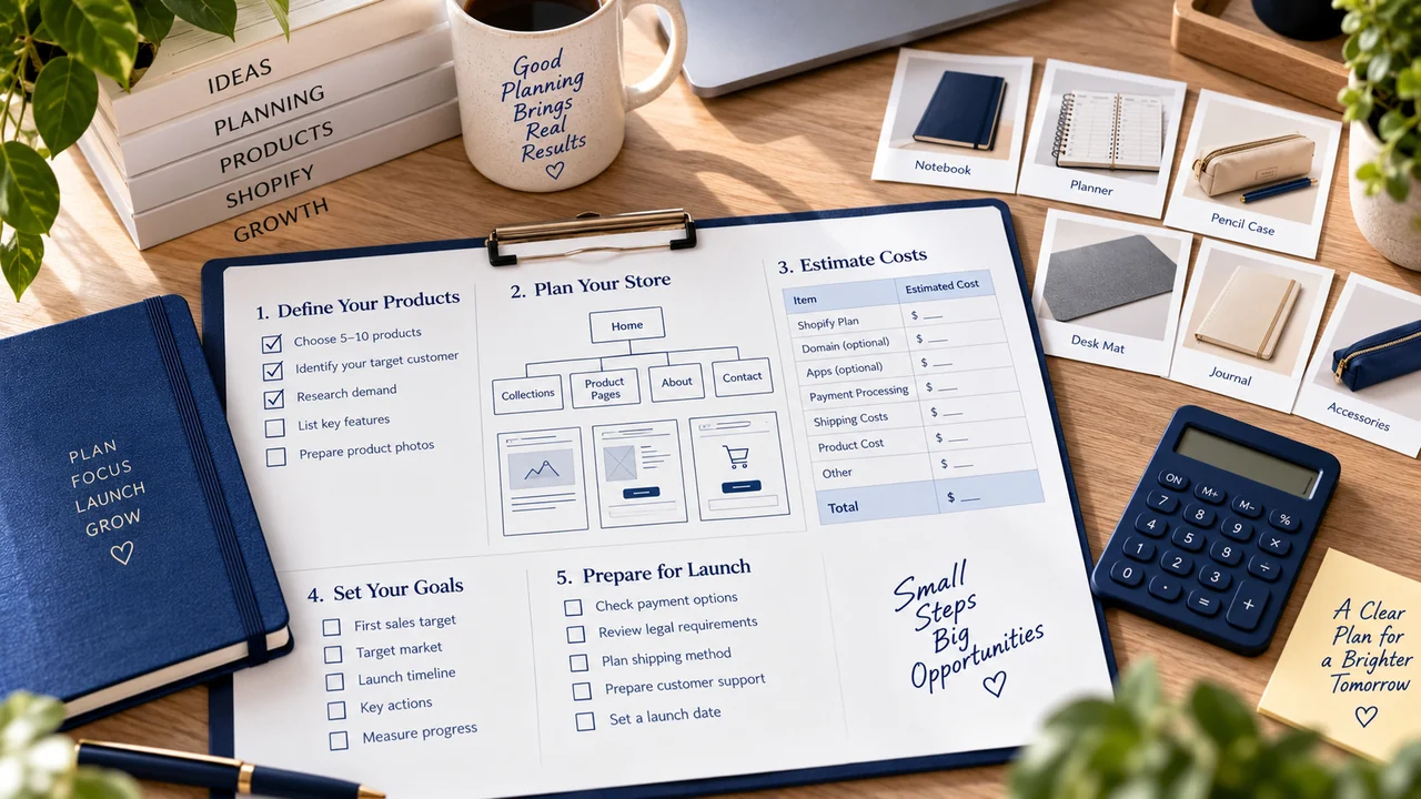 Store-planning board with goals, catalogue size, payment and launch checks.