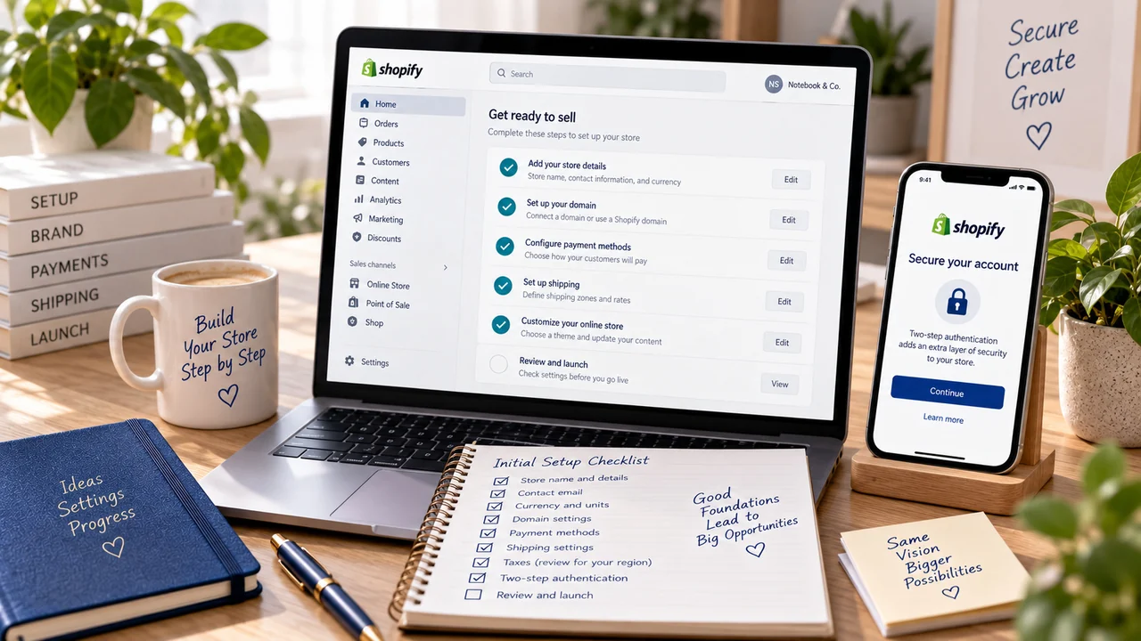 Conceptual Shopify settings screen with a store setup checklist.