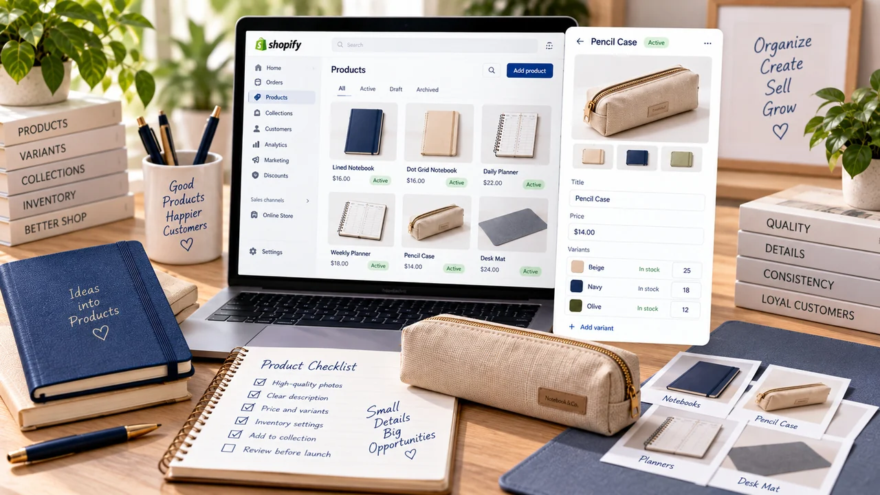 Conceptual product catalogue with stationery items, variants and collection planning notes.