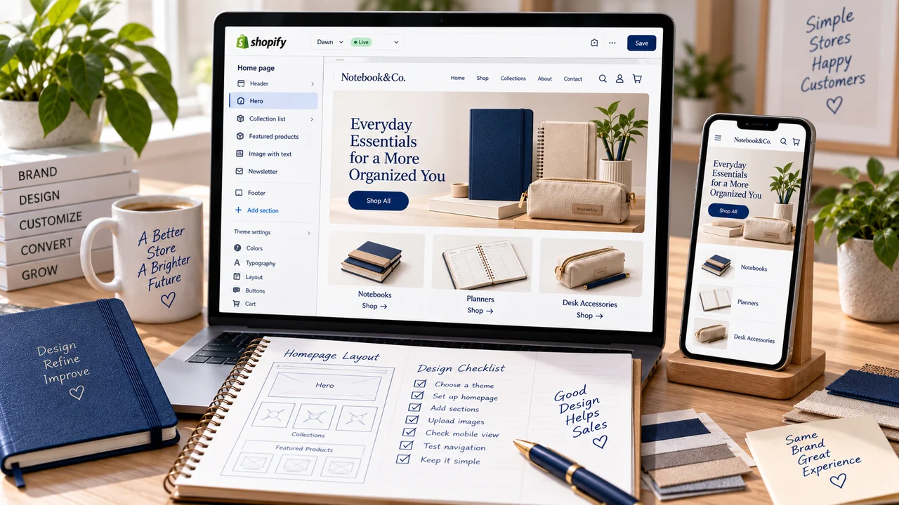 Conceptual stationery storefront shown on desktop and mobile.