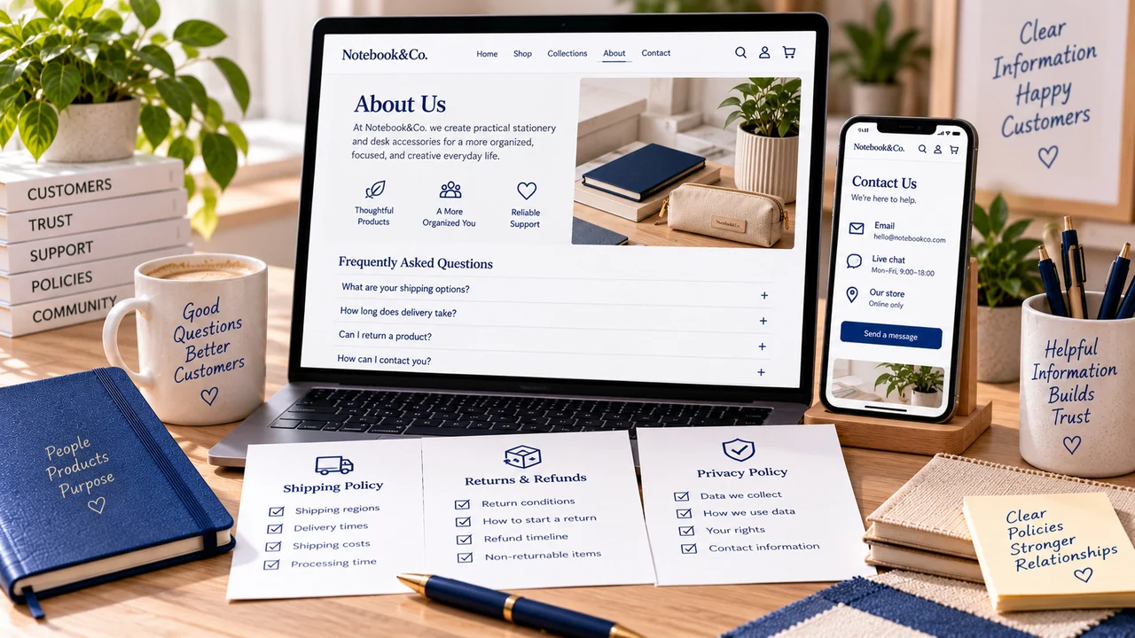 Conceptual store information page shown on desktop and mobile with policy notes.