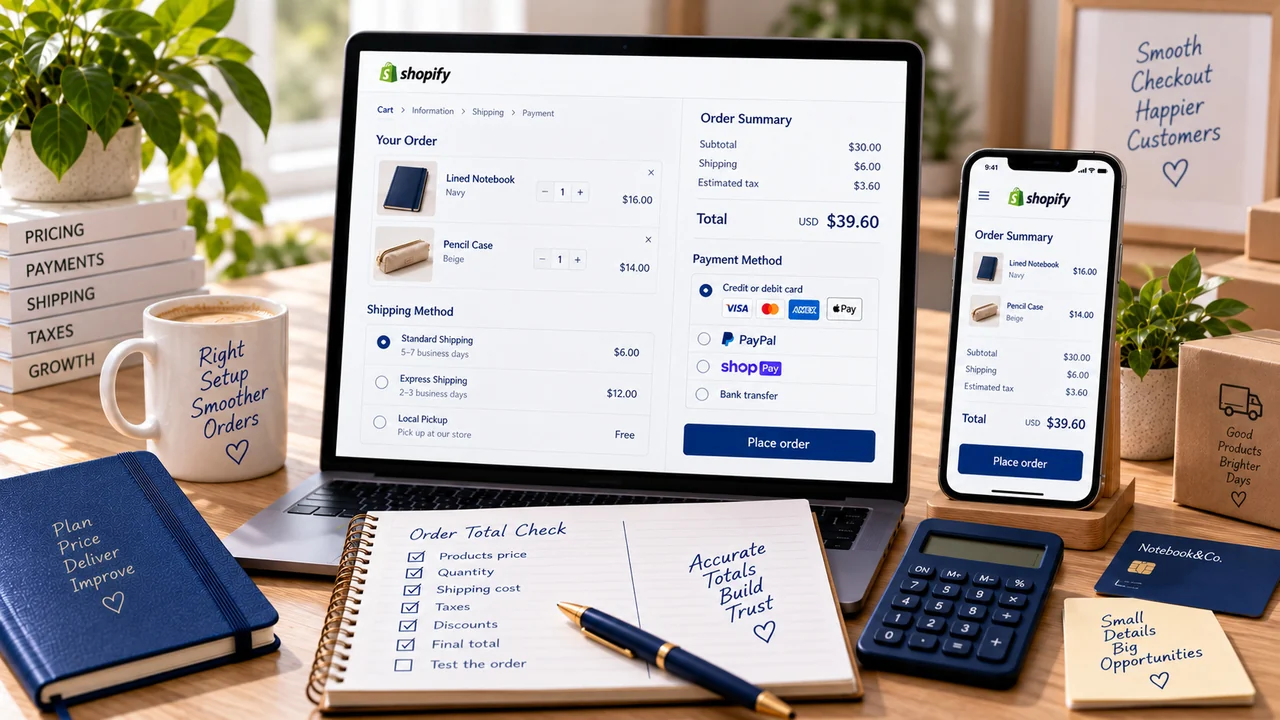 Conceptual checkout and payment-status screens with an order-total checklist.