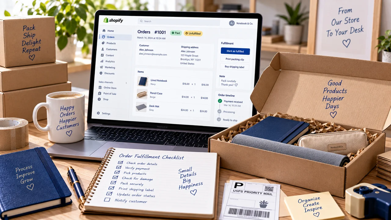 Conceptual order list, packed parcel and fulfilment checklist.