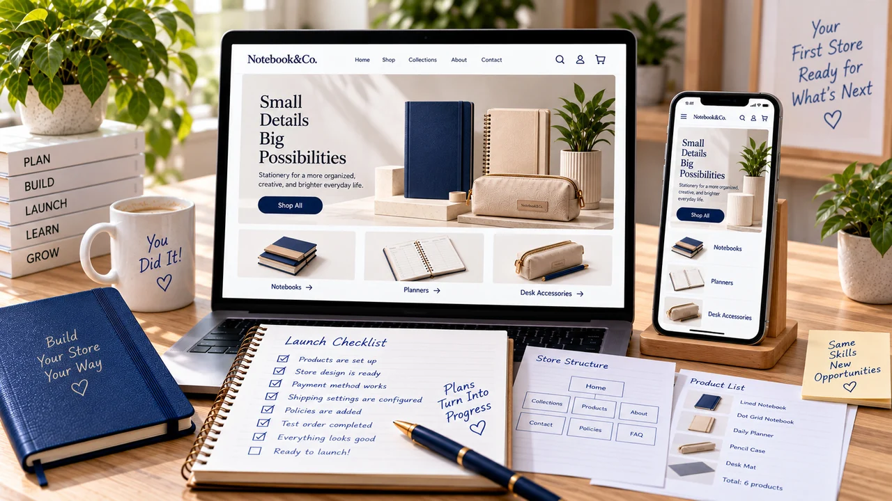 Conceptual storefront and final launch checklist across desktop and mobile.
