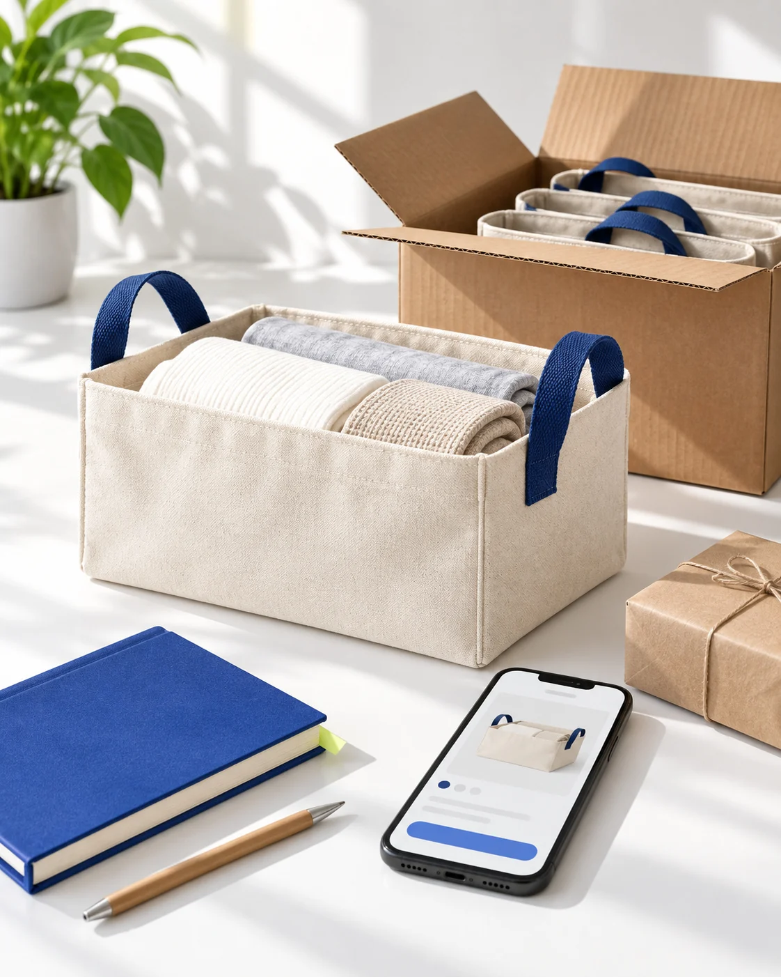 Storage organisers, packing materials, a notebook and a phone arranged for a local-sales planning project.