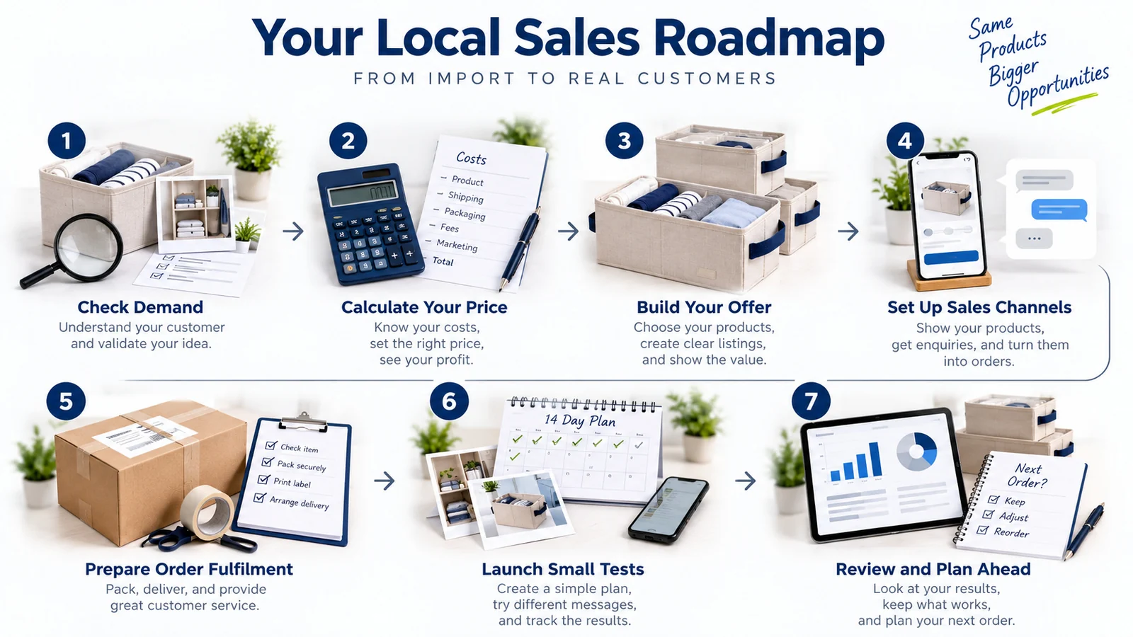 Seven-step roadmap from checking demand and calculating price to launching tests and reviewing results.