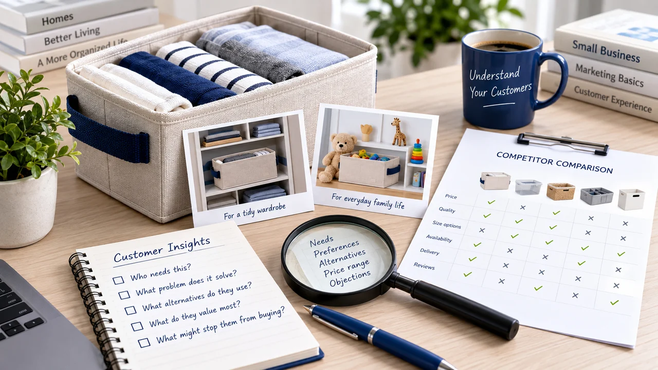 Storage organiser with customer research notes and a competitor comparison.