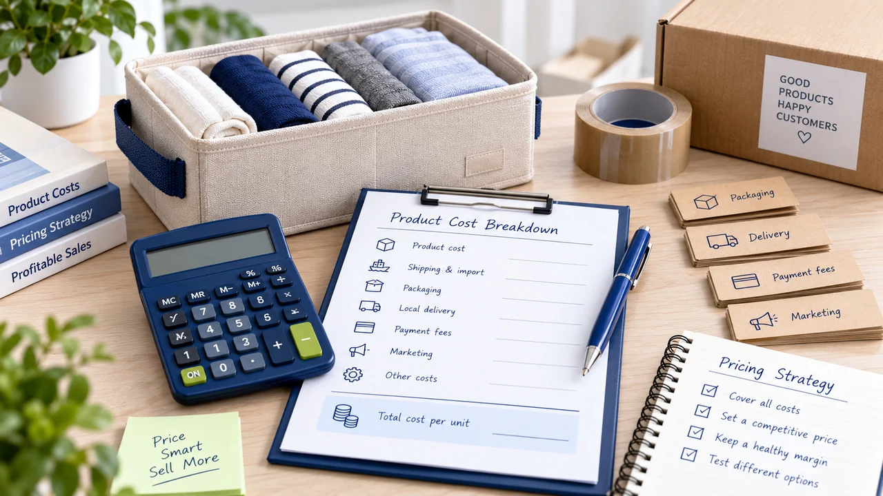Calculator, product cost worksheet and pricing scenarios beside a storage organiser.