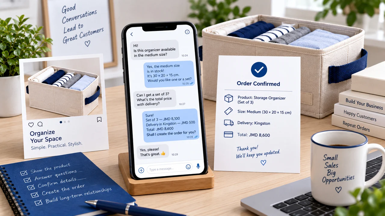 Phone conversation, sales channel notes and an order-confirmation checklist.