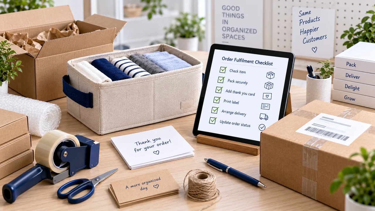 Packed order, fulfilment checklist and shipping materials ready for dispatch.
