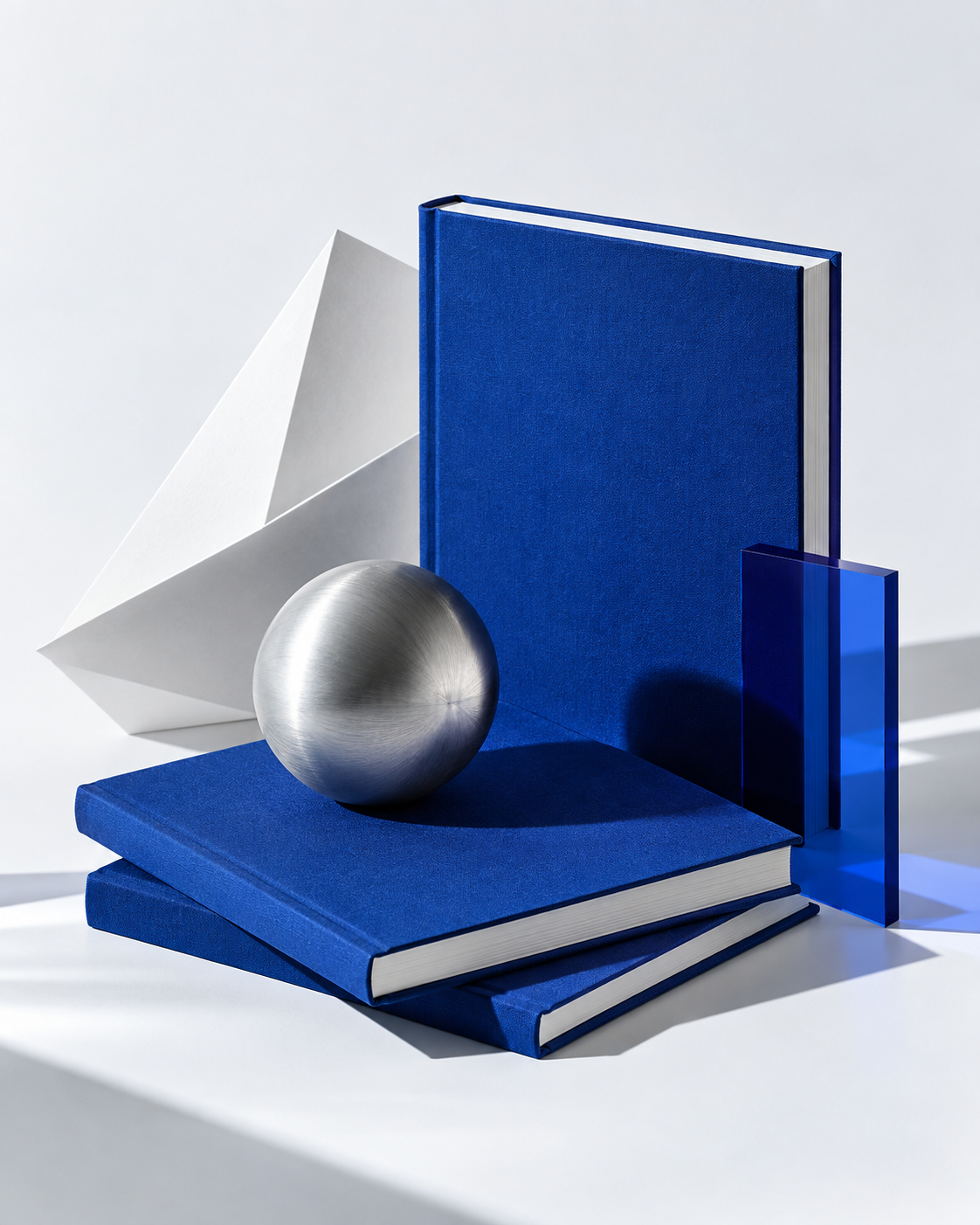 Blue notebooks, folded paper and a silver sphere in sunlight